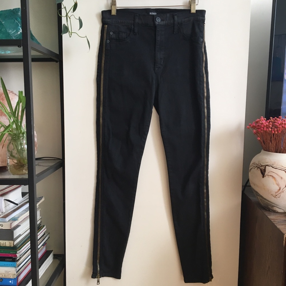 Hudson Shade Black Denim Jeans Gold Zips SZ 28